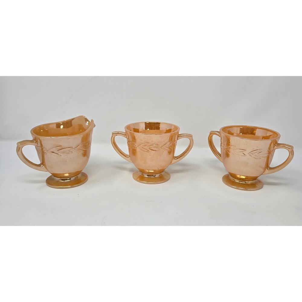 Vintage Anchor Hocking Fire King Peach Luster Laurel Leaf Cream & 2 Open Sugar